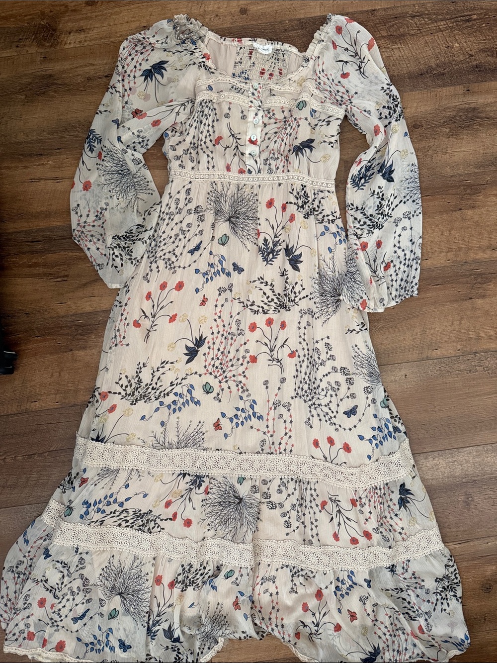 Dance & Marvel Cream Floral Maxi Dress with Blue and Red Accents